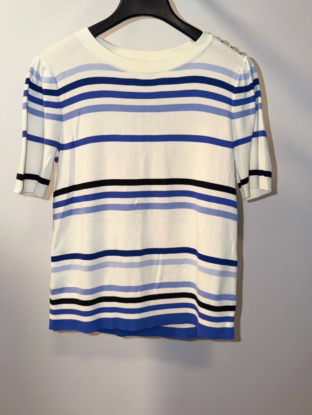 Talbots White Short Sleeve Knit Top with Blue & Black Stripes